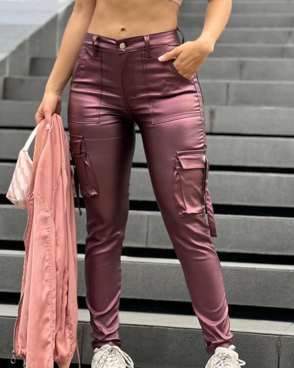 Pantalones de moda metalizados colombianos color vino tinto